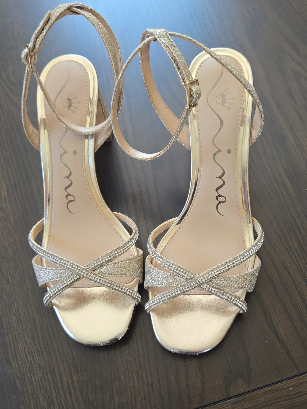 Nina Champagne Gold Rhinestone Strappy Heels